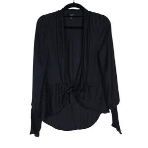 Current Air Womens Top XS Black Striped Tie Front Smocked Long Sleeve Blouse